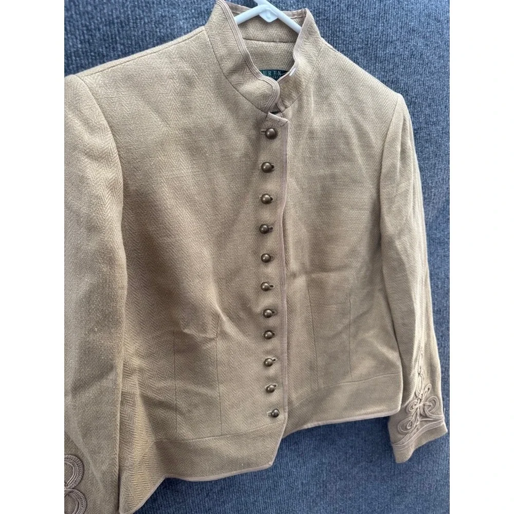 NWT Lauren Ralph Lauren Petite Tan Linen Military Jacket Soutache Cuffs 12P NEW - Picture 7 of 12